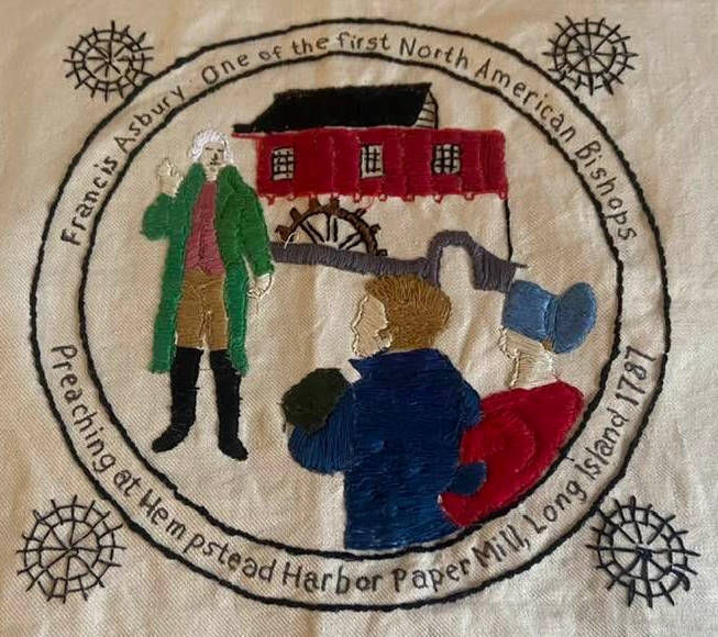 Susan stitched our Asbury panel in Long Island, USA, where Francis Asbury himself preached near this paper mill